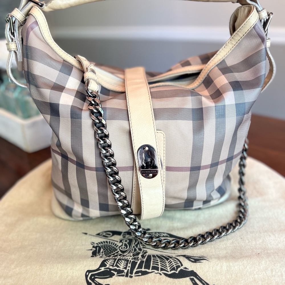 Burberry Cream and Gray Plaid Hobo Bag